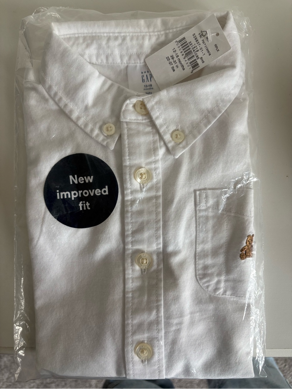 GAP White Button-Down Shirt with Tan Bear Embroidery
